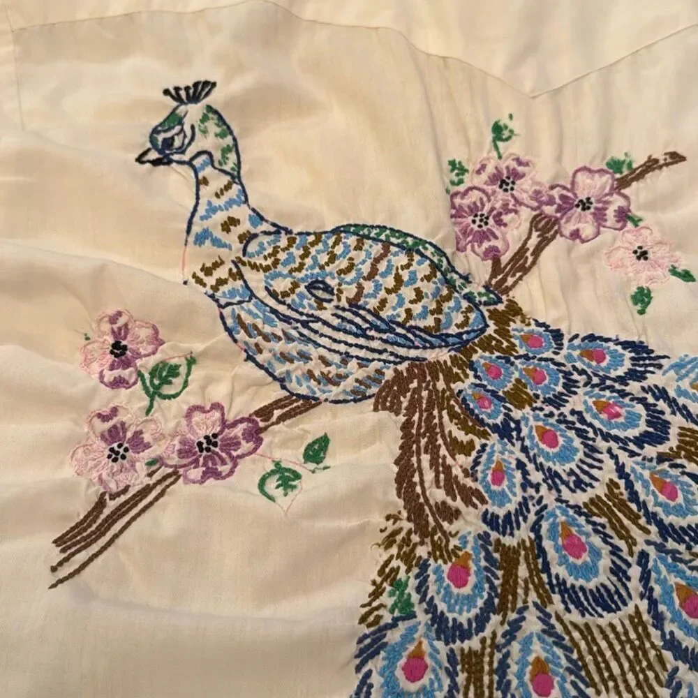 ATA Vintage 70s Authentic Western Pearl Snap Shirt Embroidered Peacock Floral Yo